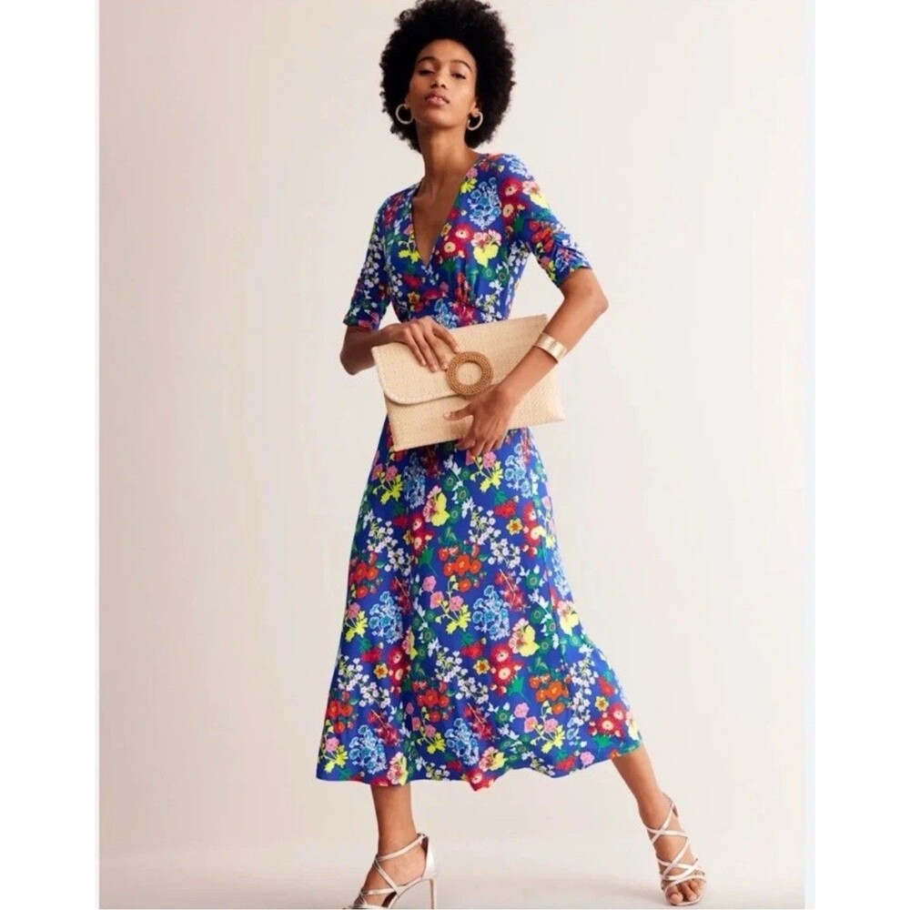 Boden Rebecca Floral Jersey Midi Dress Size 2r Colorful Flowers Wildflowers Blue